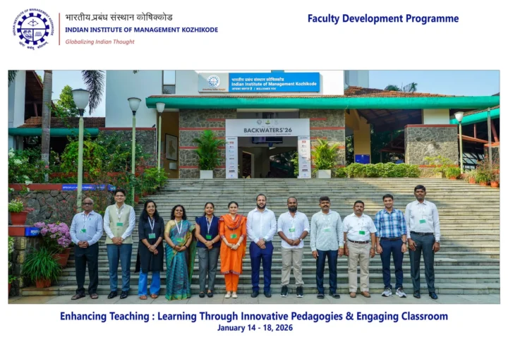 Banner for the Faculty Development Programme on Enhancing Teaching: Learning Through Innovative Pedagogies and Engaging Classroom, 14 to 18 January 2026, with the cohort photographed on the steps of the building