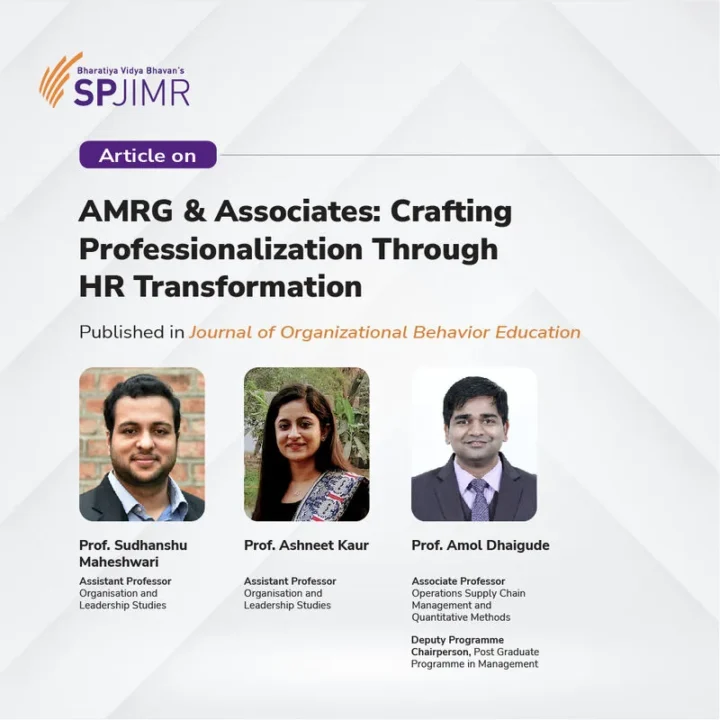 SPJIMR card announcing the article AMRG and Associates: Crafting Professionalization Through HR Transformation, published in the Journal of Organizational Behavior Education