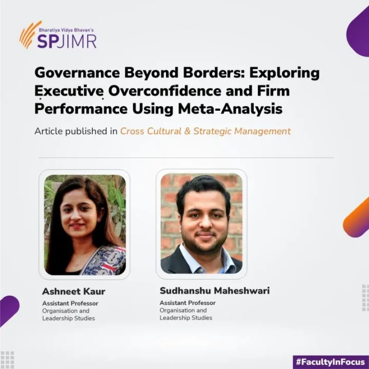 SPJIMR card announcing the article Governance Beyond Borders: Exploring Executive Overconfidence and Firm Performance Using Meta-Analysis, published in Cross Cultural and Strategic Management