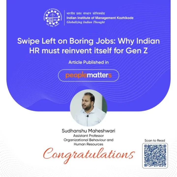 IIM Kozhikode card announcing the article Swipe Left on Boring Jobs: Why Indian HR must reinvent itself for Gen Z, published in People Matters