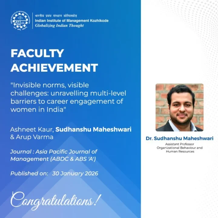 IIM Kozhikode Faculty Achievement card for the paper Invisible norms, visible challenges: unravelling multi-level barriers to career engagement of women in India, published in the Asia Pacific Journal of Management
