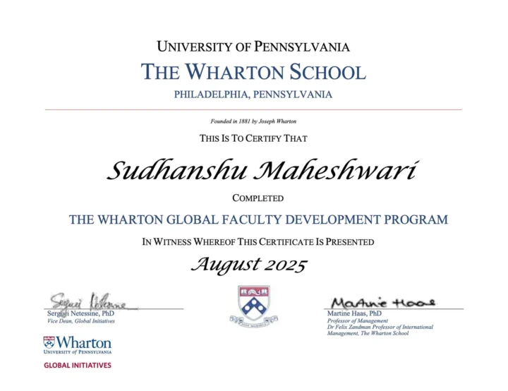 Certificate from the Wharton School, University of Pennsylvania, certifying completion of the Wharton Global Faculty Development Program in August 2025